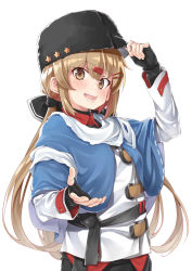 Rule 34 | 1girl, black bow, black gloves, black hat, blue shawl, bow, brown eyes, brown hair, commentary request, ebifurya, fingerless gloves, fur hat, gloves, hair bow, hair ornament, hairclip, hat, highres, jacket, kantai collection, long hair, looking at viewer, low twintails, papakha, ribbon trim, scarf, shawl, simple background, solo, star (symbol), tashkent (kancolle), torn clothes, torn scarf, twintails, twitter username, white background, white jacket, white scarf