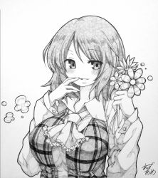 Rule 34 | 1girl, anzu ame, artist name, ascot, blush, breasts, dress shirt, female focus, finger to mouth, flower, graphite (medium), greyscale, highres, holding, holding flower, kazami yuuka, large breasts, looking at viewer, millipen (medium), monochrome, shikishi, shirt, short hair, signature, sketch, smile, solo, touhou, traditional media, upper body, vest