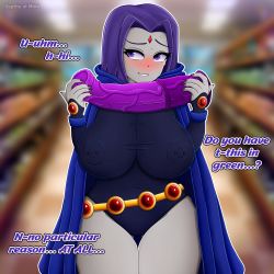 Rule 34 | 1girl, absurdres, belt, black leotard, blue cape, blurry, blurry background, blush, bodysuit, breasts, cape, colored skin, cowboy shot, dc comics, depthsofmind, dildo, embarrassed, female focus, forehead jewel, gem, grey skin, grin, highres, large areolae, large breasts, leotard, looking to the side, nail polish, nipple piercing, piercing, purple eyes, purple hair, raven (dc), sex toy, skin tight, smile, solo, speech bubble, sweat, teen titans