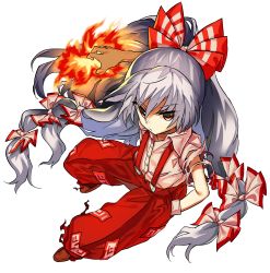 Rule 34 | &gt;:/, 1girl, :/, baggy pants, bow, closed mouth, dress shirt, fire, fujiwara no mokou, full body, hair bow, hand in pocket, highres, long hair, looking at viewer, manarou, ofuda, ofuda on clothes, pants, ponytail, red eyes, red pants, shirt, silver hair, solo, suspenders, torn clothes, torn sleeves, touhou, tsurime, v-shaped eyebrows, very long hair, white shirt, aged down