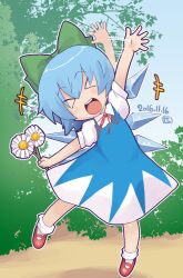Rule 34 | &gt; &lt;, +++, 1girl, :d, blue hair, blush, bow, cirno, closed eyes, collared shirt, commentary request, dated, dress, flat chest, flower, full body, green bow, hair bow, highres, holding, holding flower, ice, ice wings, kei jiei, neck ribbon, one-hour drawing challenge, open mouth, outline, pinafore dress, red ribbon, ribbon, shirt, short hair, sleeveless dress, smile, socks, solo, teeth, touhou, tree, two-tone dress, upper teeth only, waving, white dress, white flower, white outline, white shirt, wings, xd