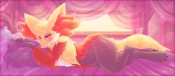 Rule 34 | 1girl, animal ears, animal hands, arms up, bed, blush, border, claws, creatures (company), delphox, dimwitdog, feet, female focus, fox ears, fox tail, full body, furry, furry female, game freak, gen 6 pokemon, half-closed eyes, highres, indoors, looking at viewer, lying, navel, nintendo, on bed, on side, pillow, pink background, pokemon, pokemon (creature), pokemon xy, red eyes, signature, smile, solo, tail, window