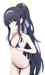 Rule 34 | 1girl, absurdres, bikini, black bikini, black hair, blue archive, blue eyes, breast hold, breasts, cleavage, closed mouth, collarbone, commentary request, cowboy shot, hairband, halo, halterneck, highres, jewelry, kurageumisawa, long hair, looking afar, navel, necklace, o-ring, o-ring bikini, official alternate costume, ponytail, purple hairband, sidelocks, simple background, small breasts, solo, standing, swimsuit, ui (blue archive), ui (swimsuit) (blue archive), very long hair, white background, yellow halo