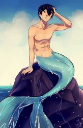 Rule 34 | 1boy, abs, bare arms, bare shoulders, black hair, blue eyes, blue sky, ceejles, cloud, collarbone, commentary, eyebrows, free!, hair between eyes, hand in own hair, hand on own head, highres, lips, looking at viewer, male focus, merman, monster boy, nanase haruka (free!), nipples, ocean, outdoors, pectorals, rock, scales, short hair, sitting, sky, solo, stomach, tail, topless male, water, wet