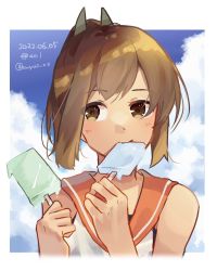 Rule 34 | 1girl, blue sky, brown eyes, brown hair, character name, cloud, commentary request, dated, food, i-401 (kancolle), kantai collection, one-hour drawing challenge, orange sailor collar, ponytail, popsicle, sailor collar, shirt, short hair, sky, sleeveless, sleeveless shirt, solo, tan, twitter username, u yuz xx, upper body