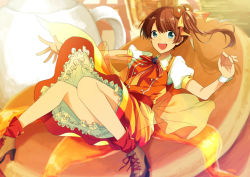 Rule 34 | 1girl, :d, bad id, bad pixiv id, blue eyes, blueberry, bow, brown footwear, brown hair, food, food-themed hair ornament, food-themed ornament, frills, fruit, full body, hair ornament, highres, long hair, looking at viewer, morinaga (brand), open mouth, orange skirt, original, pancake, personification, red bow, red socks, shoes, side ponytail, sitting, skirt, smile, socks, solo, strawberry, tubaki-88, wrist cuffs
