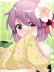 Rule 34 | 1girl, bare shoulders, blush, covering own mouth, dirty, dirty clothes, flower, hair flower, hair ornament, hammer (sunset beach), hieda no akyuu, ink, looking at viewer, off shoulder, purple eyes, purple hair, short hair, solo, touhou, undressing, upper body