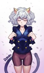 Rule 34 | 1girl, animal ears, artist name, bad id, bad pixiv id, breasts, cat ears, cat tail, curly hair, eyelashes, closed eyes, hands on own chest, hunter x hunter, jagaimo (kkamja), neferpitou, parted lips, petals, short hair, shorts, silver hair, skindentation, solo, tail