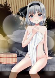 Rule 34 | 1girl, absurdres, bad id, bad pixiv id, bare arms, bare legs, bare shoulders, black hairband, black ribbon, blue eyes, blush, breasts, bush, closed mouth, collarbone, commentary request, eyelashes, eyes visible through hair, fence, ghost, grey hair, hair between eyes, hairband, hand up, highres, hitodama, konpaku youmu, konpaku youmu (ghost), looking at viewer, nipples, ribbon, rock, short hair, sitting, small breasts, smile, solo, steam, stigma1101, touhou, towel, water, wet