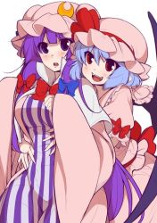 Rule 34 | 2girls, :d, bat wings, blue hair, blunt bangs, blush, blush stickers, bow, bowtie, breasts, collar, crescent, crescent hair ornament, crescent pin, dress, eichi yuu, fangs, frilled collar, frilled shirt collar, frilled sleeves, frills, hair between eyes, hair bow, hair ornament, hair ribbon, hat, hat ribbon, hug, hug from behind, large breasts, long hair, long sleeves, mob cap, multiple girls, open mouth, patchouli knowledge, pointy ears, puffy short sleeves, puffy sleeves, purple eyes, purple hair, red bow, red bowtie, red eyes, remilia scarlet, ribbon, short sleeves, simple background, smile, striped clothes, striped dress, touhou, tress ribbon, very long hair, white background, wide sleeves, wings, yuri
