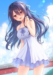 Rule 34 | 1girl, :d, bare arms, bare shoulders, black hair, blurry, blurry background, blush, commentary request, day, depth of field, dress, hair between eyes, hair ornament, hair ribbon, hairclip, hand up, highres, izanami kyouko, kamisama ni natta hi, long hair, looking at viewer, nakamura hinato, open mouth, outdoors, red eyes, ribbon, sleeveless, sleeveless dress, smile, solo, very long hair, white dress, white ribbon