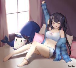Rule 34 | 1girl, :3, absurdres, anklet, arm support, artist name, barefoot, bedroom, black hair, blue nails, blue ribbon, bow, bow bra, bra, colored inner hair, cup ramen, curtains, goki buri, gradient eyes, hair ornament, hair ribbon, hand up, hat, highres, hina misora, jacket, jewelry, knees up, long hair, looking at viewer, military hat, misopita (hina misora), multicolored eyes, multicolored hair, nail polish, navel, off shoulder, on bed, one eye closed, open mouth, pajamas, pillow, pink eyes, pink hair, plaid, plaid jacket, ribbon, saliva, shadow, shorts, signature, sitting, solo, stomach, streaked hair, stretching, stuffed animal, stuffed toy, teeth, toenail polish, toenails, toes, two-tone hair, two side up, underwear, upper teeth only, virtual youtuber, wactor production, whale, white bra, white shorts, window, yawning, yellow eyes