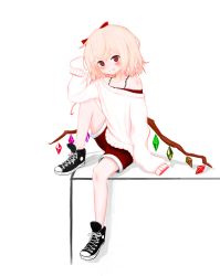 Rule 34 | 1girl, alternate costume, bare legs, black footwear, blonde hair, contemporary, flandre scarlet, full body, high tops, highres, long sleeves, looking at viewer, red eyes, shoes, short hair, short shorts, shorts, simple background, sitting, sleeves past wrists, smile, sneakers, solo, sweater, touhou, vivi+, white background, wings