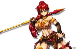 Rule 34 | 1girl, artist name, breasts, cleavage, fingerless gloves, gloves, green eyes, gun, highres, large breasts, legs, long hair, looking at viewer, midriff, navel, polearm, pyrrha nikos, red hair, rwby, spear, thick thighs, thighs, toned, weapon
