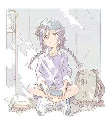 Rule 34 | 1girl, backlighting, backpack, bag, baseball cap, blue hat, border, braid, charm (object), closed mouth, collared shirt, cross-laced footwear, dappled sunlight, day, dot nose, facing viewer, frown, full body, furrowed brow, game console, grass, grey bag, grey shorts, hair between eyes, handheld game console, hat, holding, holding handheld game console, idolmaster, idolmaster cinderella girls, indian style, industrial pipe, long hair, long sleeves, looking up, low twin braids, low twintails, matsuo yuusuke, miyoshi sana, nintendo switch, nintendo switch lite, outdoors, outside border, purple eyes, purple hair, purple shirt, raised eyebrow, shirt, shoes, shorts, sitting, sleeve cuffs, sneakers, solo, sunlight, tareme, twin braids, twintails, two-tone footwear, unworn backpack, unworn bag, white border, white footwear, wing collar