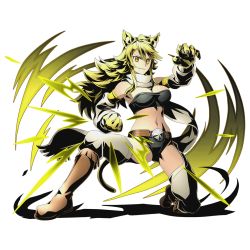 Rule 34 | 10s, 1girl, akame ga kill!, alpha transparency, animal ears, animal hands, belt, black bra, black panties, blonde hair, boots, bra, breasts, brown footwear, cat ears, cat tail, cleavage, divine gate, fang, full body, hair over one eye, knee boots, large breasts, leone (akame ga kill!), long hair, looking at viewer, midriff, navel, official art, on one knee, panties, scarf, shadow, smile, solo, stance, strapless, strapless bra, tail, thighhighs, transparent background, ucmm, underwear, yellow eyes
