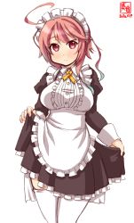 Rule 34 | 1girl, ahoge, alternate costume, apron, artist logo, black dress, breasts, commentary request, cowboy shot, dated, dress, enmaided, frilled apron, frilled dress, frills, hair ornament, highres, i-58 (kancolle), kanon (kurogane knights), kantai collection, maid, maid headdress, medium breasts, pink hair, red eyes, short hair, simple background, skirt hold, solo, standing, thighhighs, white apron, white background, white thighhighs, yellow neckwear