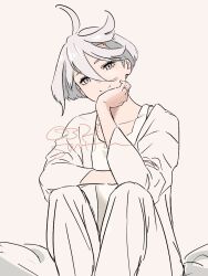 Rule 34 | 0321smith, 1girl, artist name, closed mouth, commentary request, grey eyes, gundam, gundam suisei no majo, jewelry, looking at viewer, miorine rembran, pajamas, pants, ring, shirt, short hair, simple background, sitting, smile, solo, wedding ring, white background, white hair, white pants, white shirt