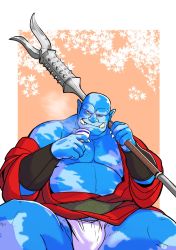 Rule 34 | 1boy, bald, bara, bare pectorals, belly, blue skin, bulge, cherry blossoms, chest hair, colored skin, cup, fat, fat man, fundoshi, gdoubt (picsontop), hanami, highres, holding, holding cup, holding polearm, holding weapon, japanese clothes, kimono, large pectorals, male focus, male pubic hair, muscular, muscular male, nipples, open clothes, open kimono, orc, original, over shoulder, pectorals, polearm, pubic hair, pubic hair peek, red kimono, sitting, solo, spread legs, stomach, thick eyebrows, thick thighs, thighs, tusks, weapon, weapon over shoulder
