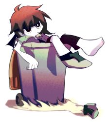 Rule 34 | 1other, androgynous, asymmetrical pants, atoymk, black eyes, black headband, black pants, black shirt, black socks, bright pupils, brown hair, closed mouth, collared shirt, colored skin, commentary, english commentary, green footwear, green shirt, headband, highres, in trash can, kurohebi, len&#039;en, medium hair, no nose, open clothes, open shirt, other focus, pants, shirt, shoes, short sleeves, single barefoot, single shoe, socks, solo, trash can, white pupils, white skin