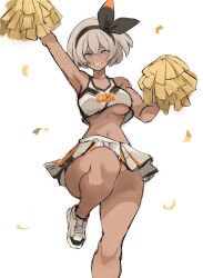 Rule 34 | 1girl, armpits, bea (pokemon), black hairband, blue eyes, breasts, cheerleader, commentary, confetti, creatures (company), crop top, crop top overhang, dark-skinned female, dark skin, english commentary, game freak, grey eyes, grey hair, hair between eyes, hairband, highres, holding, holding pom poms, large breasts, looking at viewer, midriff, miniskirt, navel, nintendo, no panties, pleated skirt, pokemon, pokemon swsh, pom pom (cheerleading), pom poms, rakeemspoon, shoes, short hair, skirt, sleeveless, smile, sneakers, solo, underboob, white skirt