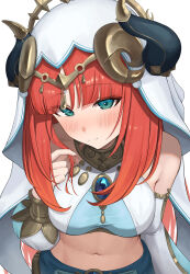 Rule 34 | 1girl, armlet, blue skirt, blush, bracer, breasts, brooch, fake horns, genshin impact, green eyes, hair ornament, harem outfit, highres, horns, jewelry, long hair, long sleeves, looking at viewer, low twintails, medium breasts, neck ring, nilou (genshin impact), puffy long sleeves, puffy sleeves, red hair, sash, sidelocks, skirt, smile, solo, sp123, twintails, veil