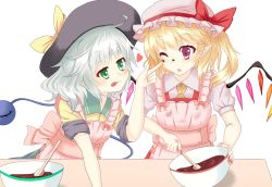 Rule 34 | 2girls, :p, apron, bowl, chocolate, chocolate making, chocolate on face, chocolate on hand, counter, countertop, flandre scarlet, food, food on face, food on hand, green eyes, hat, hat ribbon, heart, highres, komeiji koishi, looking at another, mob cap, multiple girls, one eye closed, pechimaru, pointy ears, red eyes, ribbon, short hair, silver hair, simple background, sleeves rolled up, spatula, stirring, third eye, tongue, tongue out, touhou, white background, wings