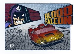 Rule 34 | 1boy, action, aircraft, artist name, blood falcon, blood hawk, border, character name, close-up, evil smile, f-zero, fangs, flying car, grin, helmet, highres, hover vehicle, jrcomicart, male focus, mask, nintendo, purple headwear, race vehicle, science fiction, skull, smile, solo, speed lines, white border, white eyes