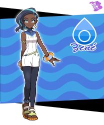 Rule 34 | 1girl, aged up, bare arms, belly chain, black hair, blue background, blue eyes, blue hair, breasts, creatures (company), dark-skinned female, dark skin, dreambig, dress, earrings, full body, game freak, highres, jewelry, multicolored hair, necklace, nessa (pokemon), nintendo, pokemon, pokemon swsh, sandals, sleeveless, sleeveless dress, solo, standing, two-tone hair