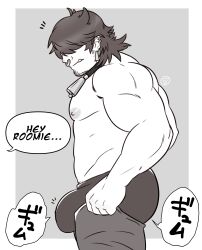 Rule 34 | 1boy, absurdres, artist request, ass, bara, bell, bulge, bulge lift, dressing, earrings, english text, facial hair, feet out of frame, from side, goatee, greyscale, hair over eyes, highres, i&#039;ve never seen a guy recreate this successfully tbh (meme), jewelry, large pectorals, male focus, meme, monochrome, muscular, muscular male, neck bell, nipples, nose piercing, nose ring, open pants, orc, original, pants, pants lift, pectorals, piercing, short hair, solo, stomach, stubble, topless male, undersized clothes