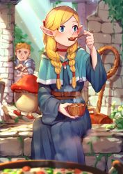 Rule 34 | 1boy, 1girl, absurdres, belt, blonde hair, blue dress, blue eyes, bowl, braid, choker, dress, dungeon meshi, eating, elf, flat chest, food, hair over shoulder, hair pulled back, highres, huge filesize, laios touden, long hair, low-tied long hair, marcille donato, monster, mr.lime, mushroom, pointy ears, red choker, sitting, solo focus, soup, spoon, tongue, tongue out, tunic, twin braids, utensil in mouth, walking mushroom (dungeon meshi), wide sleeves, wooden spoon