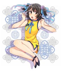 Rule 34 | 10s, 1girl, :o, akagi miria, anklet, armpits, bell, black hair, blush, brown eyes, china dress, chinese clothes, dress, idolmaster, idolmaster cinderella girls, jewelry, jingle bell, jumping, open mouth, solo, twintails, two side up, usameruti