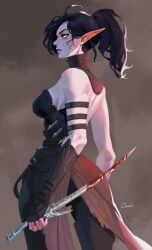 Rule 34 | 1girl, absurdres, ahoge, arm strap, artist name, bare back, bare shoulders, black gloves, black hair, black pants, blood, blood on face, blood on hands, bloody weapon, braid, breasts, brown background, corset, cowboy shot, divinity: original sin 2, elbow gloves, elf, fingerless gloves, from behind, gloves, highres, holding, holding sword, holding weapon, looking at viewer, looking back, medium breasts, medium hair, o-ring, ori dal, pants, pointy ears, ponytail, sebille, serious, side braid, sideboob, signature, simple background, single braid, solo, standing, sword, weapon, yellow eyes
