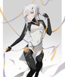 Rule 34 | 1girl, black bodysuit, bodysuit, dress, gloves, grey background, grey hair, haicma: starveil (punishing: gray raven), haicma (punishing: gray raven), haicma starveil (punishing: gray raven), hair between eyes, hair ornament, hairclip, highres, jewelry, joints, lazel 1057, mechanical legs, parted lips, partially fingerless gloves, pelvic curtain, punishing: gray raven, robot joints, solo, white dress, yellow eyes