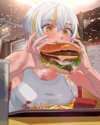 Rule 34 | 1girl, absurdres, artist request, blonde hair, blush, burger, character request, drink, drinking straw, eating, food, french fries, highres, holding, holding food, ketchup, luvdia, multicolored hair, open mouth, park dona, second-party source, shirt, short hair, solo, streaked hair, tray, virtual youtuber, white hair, yellow eyes