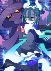 Rule 34 | 1girl, absurdres, black thighhighs, commentary request, creatures (company), crossover, detached sleeves, dress, eyelashes, game freak, gen 4 pokemon, ghost miku (project voltage), glitch, green hair, grey dress, hair between eyes, half-closed eyes, hatsune miku, highres, long hair, looking at viewer, mismagius, nintendo, open mouth, pokemon, pokemon (creature), pon yui, project voltage, shaded face, smile, thighhighs, tongue, twintails, vocaloid, yellow eyes