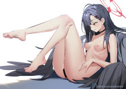 Rule 34 | 1girl, bar censor, barefoot, black choker, black eyes, black hair, black wings, blue archive, blush, breasts, censored, choker, closed mouth, commentary request, completely nude, feathered wings, feet, full body, hair ornament, hairclip, halo, ichika (blue archive), knees together feet apart, knees up, legs, legs up, long hair, looking ahead, low wings, lying, medium breasts, nipples, nude, parted bangs, patreon username, pussy, red halo, sideways mouth, simple background, solo, sydus, toenails, toes, white background, wings