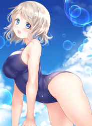 Rule 34 | 10s, 1girl, arms at sides, bad id, bad pixiv id, bare arms, bare legs, blue eyes, blue one-piece swimsuit, breasts, cloud, cloudy sky, day, from side, hair between eyes, head tilt, large breasts, light brown hair, light particles, looking at viewer, love live!, love live! school idol project, love live! sunshine!!, one-piece swimsuit, open mouth, ponytail korosuke, short hair, sky, solo, swept bangs, swimsuit, thighs, watanabe you, wet