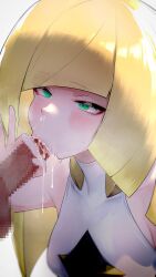Rule 34 | 1girl, 2021, after fellatio, aftersex, bare shoulders, blonde hair, blunt bangs, blush, breasts, censored, creatures (company), cum, cum bubble, cum in mouth, cum in nose, cum string, cumdrip, eyelashes, faceless, faceless male, fellatio, female focus, game freak, green eyes, highres, holding, kashu (hizake), long hair, lusamine (pokemon), medium breasts, mosaic censoring, nintendo, off shoulder, oral, pale skin, penis grab, pokemon, pokemon sm, simple background, swallowing, sweatdrop, very long hair, white background, wide-eyed