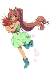 Rule 34 | 1girl, :d, animal ears, bad id, bad pixiv id, bare shoulders, blush, boots, bouquet, brown hair, cat ears, collarbone, dress, fang, flower, green skirt, hair ornament, hairclip, heart, highres, holding, long hair, open mouth, original, ribbon, rose, sasori gatame (krizpi), simple background, skirt, smile, solo, strapless, strapless dress, tan, thigh boots, thighhighs, very long hair, white background, white flower, white rose, yellow eyes