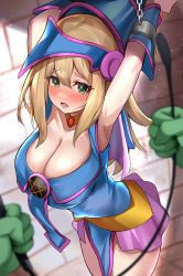 Rule 34 | 1girl, 1other, absurdres, arms up, blonde hair, blurry, blurry foreground, blush, bound, bound wrists, breasts, chain, cleavage, colored skin, dark magician girl, enishi96, green eyes, green skin, hat, highres, holding, large breasts, long hair, pov, riding crop, solo, star (symbol), sweat, tears, wizard hat, yu-gi-oh!