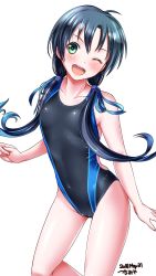 Rule 34 | 1girl, ;d, artist name, black one-piece swimsuit, blue hair, competition swimsuit, cowboy shot, dated, flat chest, green eyes, highres, kantai collection, long hair, looking at viewer, low twintails, one-piece swimsuit, one eye closed, open mouth, ribbon, simple background, smile, solo, suzukaze (kancolle), swimsuit, tsuchimiya, twintails, white background