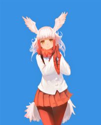 Rule 34 | 10s, 1girl, absurdres, bird tail, blue background, commentary request, cowboy shot, frilled sleeves, frills, fur collar, gloves, hara shoutarou, head wings, highres, jacket, japanese crested ibis (kemono friends), kemono friends, long hair, long sleeves, looking at viewer, multicolored hair, own hands together, pantyhose, pleated skirt, red gloves, red hair, red pantyhose, red skirt, simple background, skirt, smile, solo, standing, tail, two-tone hair, white hair, white jacket, wings, yellow eyes