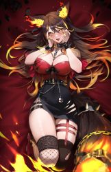 Rule 34 | 1girl, animal ears, belt, black belt, black bow, black skirt, bow, bracelet, breasts, brown hair, chain, choker, cleavage, collar, fire, flame-tipped tail, hand on own face, heart, heart-shaped pupils, highres, indie virtual youtuber, jewelry, large breasts, legwear garter, looking at viewer, maenoo, multicolored hair, multicolored tail, nail polish, off-shoulder shirt, off shoulder, open mouth, orange tail, red hair, shirt, sinder (vtuber), sinder (vtuber) (1st costume), skirt, solo, spiked belt, spiked bracelet, spiked choker, spiked collar, spikes, streaked hair, symbol-shaped pupils, tail, thigh belt, thigh strap, thighhighs, tongue, tongue out, two-tone hair, virtual youtuber, wolf ears, wolf girl, wolf tail, yellow eyes