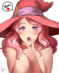Rule 34 | 1girl, absurdres, bad id, bad pixiv id, black clover, blush, breasts, cleavage, hat, heart, highres, kirani, large breasts, looking at viewer, naughty face, nude, oral invitation, pink hair, purple eyes, solo, speech bubble, text focus, tongue, tongue out, upper body, vanessa enoteca, witch hat