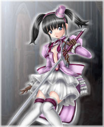 Rule 34 | 1041 (toshikazu), 1girl, alternate costume, amy sorel, black hair, blue eyes, hat, looking at viewer, solo, soul calibur, soulcalibur, soulcalibur iii, sword, thighhighs, twintails, weapon, white thighhighs