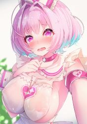 Rule 34 | 1girl, apron, armband, blush, bow, breasts, collar, covered erect nipples, fang, hair bow, hair intakes, hato haru, highres, idolmaster, idolmaster cinderella girls, large breasts, looking at viewer, multicolored hair, naked apron, open mouth, pink eyes, pink hair, short hair, sideboob, solo, two-tone hair, upper body, wet, wet clothes, yumemi riamu