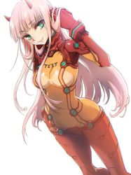 Rule 34 | 10s, 1girl, bodysuit, color connection, commentary request, cosplay, darling in the franxx, evangelion: 2.0 you can (not) advance, female focus, green eyes, herozu (xxhrd), horns, long hair, looking at viewer, multicolored bodysuit, multicolored clothes, neon genesis evangelion, oni horns, pink hair, plugsuit, rebuild of evangelion, red bodysuit, red horns, simple background, solo, souryuu asuka langley, souryuu asuka langley (cosplay), standing, test plugsuit, white background, zero two (darling in the franxx)