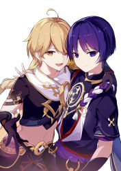 Rule 34 | 2boys, ;d, absurdres, aether (genshin impact), ahoge, arm around shoulder, armor, black gloves, black pants, black shirt, blonde hair, braid, braided ponytail, closed mouth, commentary, cropped shirt, earrings, floating hair, genshin impact, gloves, gold trim, hair between eyes, highres, japanese armor, japanese clothes, jewelry, kote, kurokote, long hair, looking at viewer, male focus, midriff, multiple boys, navel, necklace, no headwear, one eye closed, open mouth, pants, parted bangs, purple eyes, purple hair, rope, scaramouche (genshin impact), scarf, shirt, short hair, short sleeves, sidelocks, single braid, single earring, smile, smirk, standing, stomach, tassel, teeth, upper teeth only, wawako mama, white background, white scarf, yellow eyes
