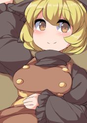 Rule 34 | 1girl, arm up, black bow, blonde hair, blush, bow, breasts, brown eyes, closed mouth, fun bo, hair bow, hand on own stomach, kurodani yamame, long sleeves, looking at viewer, lying, medium breasts, no nose, on back, short hair, smile, solo, touhou, upper body